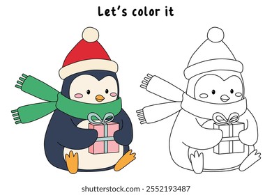 Penguin with scarf and christmas gift coloring pages for kids. Trace and color Penguin christmas character. Cute winter penguin. Holiday seasons worksheet printable for kids. Christmas worksheet.
