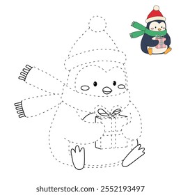 Penguin with scarf and christmas gift coloring pages for kids. Trace and color Penguin christmas character. Cute winter penguin. Holiday seasons worksheet printable for kids. Christmas worksheet.