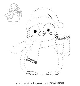 Penguin with scarf and christmas gift coloring pages for kids. Trace and color Penguin christmas character. Cute winter penguin. Holiday seasons worksheet printable for kids. Christmas worksheet.