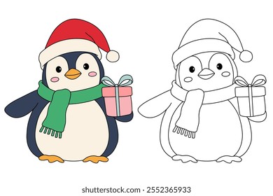 Penguin with scarf and christmas gift coloring pages for kids. Trace and color Penguin christmas character. Cute winter penguin. Holiday seasons worksheet printable for kids. Christmas worksheet.