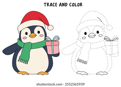 Penguin with scarf and christmas gift coloring pages for kids. Trace and color Penguin christmas character. Cute winter penguin. Holiday seasons worksheet printable for kids. Christmas worksheet.