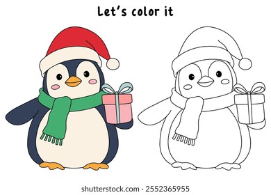 Penguin with scarf and christmas gift coloring pages for kids. Trace and color Penguin christmas character. Cute winter penguin. Holiday seasons worksheet printable for kids. Christmas worksheet.