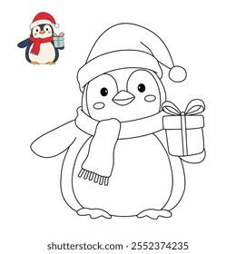 Pinguim com cachecol e páginas de presente de Natal para colorir para crianças. Traço e cor Penguin personagem de Natal. Pinguim bonito de inverno. Planilha de Natal imprimível para crianças. Planilha de Natal.