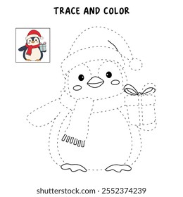 Pinguim com cachecol e páginas de presente de Natal para colorir para crianças. Traço e cor Penguin personagem de Natal. Pinguim bonito de inverno. Planilha de Natal imprimível para crianças. Planilha de Natal.