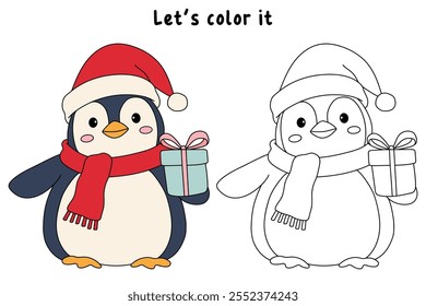 Penguin with scarf and christmas gift coloring pages for kids. Trace and color Penguin christmas character. Cute winter penguin. Holiday seasons worksheet printable for kids. Christmas worksheet.