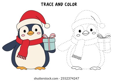 Penguin with scarf and christmas gift coloring pages for kids. Trace and color Penguin christmas character. Cute winter penguin. Holiday seasons worksheet printable for kids. Christmas worksheet.