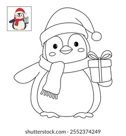 Penguin with scarf and christmas gift coloring pages for kids. Trace and color Penguin christmas character. Cute winter penguin. Holiday seasons worksheet printable for kids. Christmas worksheet.