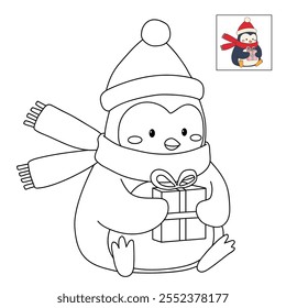 Penguin with scarf and christmas gift coloring pages for kids. Trace and color Penguin christmas character. Cute winter penguin. Holiday seasons worksheet printable for kids. Christmas worksheet.