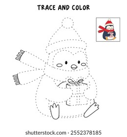 Penguin with scarf and christmas gift coloring pages for kids. Trace and color Penguin christmas character. Cute winter penguin. Holiday seasons worksheet printable for kids. Christmas worksheet.