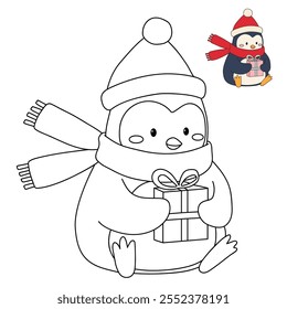 Penguin with scarf and christmas gift coloring pages for kids. Trace and color Penguin christmas character. Cute winter penguin. Holiday seasons worksheet printable for kids. Christmas worksheet.