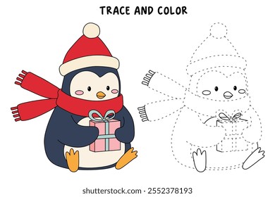 Penguin with scarf and christmas gift coloring pages for kids. Trace and color Penguin christmas character. Cute winter penguin. Holiday seasons worksheet printable for kids. Christmas worksheet.