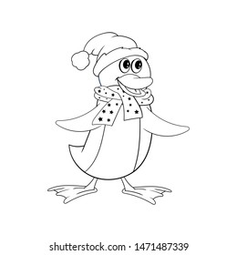 Penguin in a scarf and a Christmas hat. Funny coloring in the style of comics.