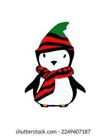 un pingüino con bufanda y sombrero.