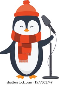 penguin with scarf hat and microphone