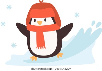 Penguin With Scarf And Hat Vector Illustration