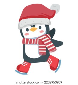 penguin with scarf  ice skating vector