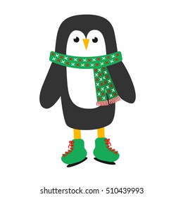 Penguin in scarf and ice skating (vector illustration character)