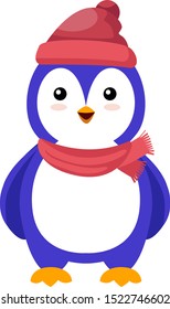Penguin with scarf, illustration, vector on white background.