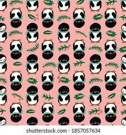 Penguin Scarf Leaves Christmas Seamless Pattern. Vector illustration. 