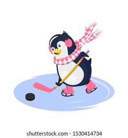 Penguin in scarf playing hockey. Isolated character in cartoon style. Winter sport. Fanny image of arctic bird. Vector illustration