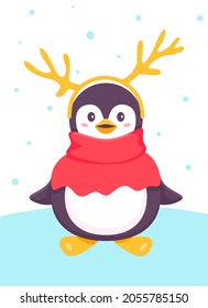 penguin in a scarf, shirt-front, and deer antlers. Christmas and New Year. Funny cartoon kind penguin character. Christmas penguin, masquerade. Vector illustration