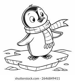 penguin with a scarf, standing on ice with tiny wings spread black-and-white line drawing for coloring