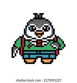 Penguin schoolboy in uniform with a backpack, pixel art animal character isolated on white background. Old school retro 80s, 90s 8 bit slot machine, video game graphics. Cartoon student boy mascot.