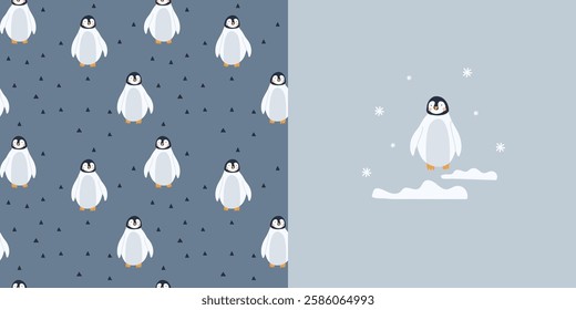 Penguin seamless pattern. Arctic animal background, northern cute inhabitant. Decor textile, wrapping paper, wallpaper. Print for fabric. Baby cute design Vector cartoon flat isolated illustration