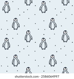 Penguin seamless pattern. Arctic animal background, northern cute inhabitant. Decor textile, wrapping paper, wallpaper. Print for fabric. Baby cute design Vector cartoon flat isolated illustration