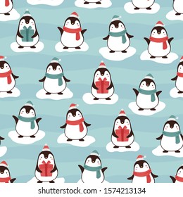 Penguin seamless pattern background, cartoon christmas theme with blue wallpaper, animal vector illustration 