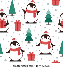 Penguin seamless pattern background, cartoon christmas theme, animal vector illustration 