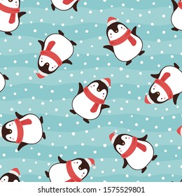 Penguin seamless pattern background, cartoon christmas theme with blue wallpaper, animal vector illustration 