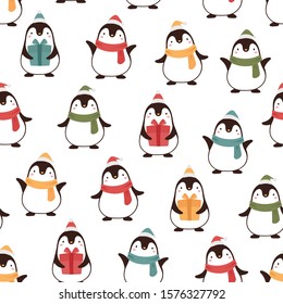 Penguin seamless pattern background, cartoon christmas theme, animal vector illustration 