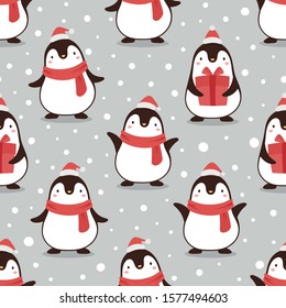 Penguin seamless pattern background, cartoon christmas theme, animal vector illustration 