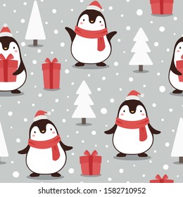 Penguin seamless pattern background, cartoon christmas theme, animal vector illustration 