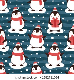 Penguin seamless pattern background, cartoon christmas theme, animal vector illustration 