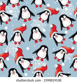 Penguin seamless pattern background, cartoon christmas theme, animal vector illustration with snowflakes
