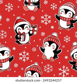 Penguin seamless pattern background, cartoon christmas theme, animal vector illustration