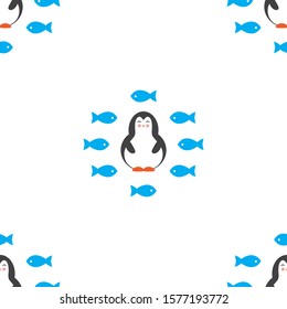 Penguin seamless pattern background. Cute Christmas cartoon doodle vector illustration with fishes.