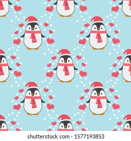 Penguin seamless pattern background. Cute Christmas cartoon doodle vector illustration with hearts