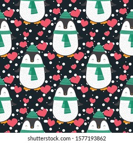Penguin seamless pattern background. Cute Christmas cartoon doodle vector illustration.