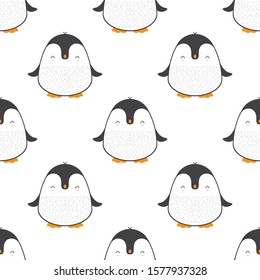 Penguin seamless pattern background. Cute Christmas cartoon doodle vector illustration.