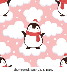 Penguin seamless pattern background int he sky with clouds, cartoon christmas theme, animal vector illustration 