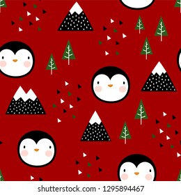Penguin Seamless Pattern Background, Scandinavian Happy cute pengui in the forest between mountain tree and cloud, cartoon penguin vector illustration for kids nordic background with triangle dots