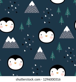 Penguin Seamless Pattern Background, Scandinavian Happy cute pengui in the forest between mountain tree and cloud, cartoon penguin vector illustration for kids nordic background with triangle dots
