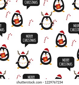 Penguin. Seamless pattern. Christmas cute penguins Vector illustration