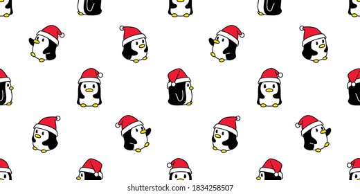penguin Seamless pattern christmas santa claus hat bird vector cartoon scarf isolated tile background repeat wallpaper illustration doodle design