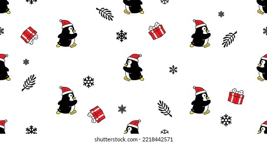 penguin seamless pattern christmas santa claus hat running bird vector snowflake gift box birthday duck cartoon repeat wallpaper  tile background gift wrapping paper illustration design scarf isolated