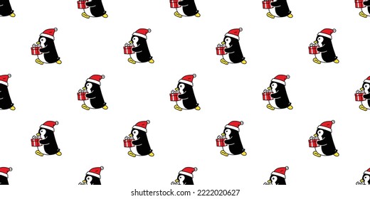 penguin seamless pattern christmas santa claus hat running bird vector gift box birthday duck cartoon repeat wallpaper  tile background gift wrapping paper illustration design scarf isolated