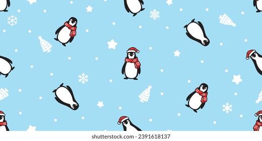 penguin seamless pattern christmas tree santa claus hat snowflake doodle cartoon gift wrapping paper tile background repeat wallpaper illustration scarf isolated design